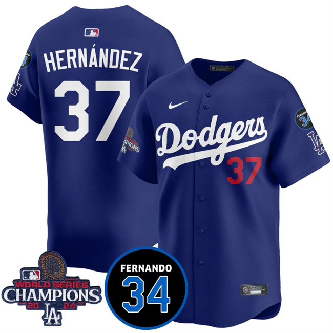 Men's Los Angeles Dodgers #37 Teoscar Hernández Royal 2024 World Series Champions With Fernando Memorial Patch Vapor Premier Limited Stitched Baseball Jersey Men's Los Angeles Dodgers #37 Teoscar Hernández Royal 2024 World Series Champions With Fernando Memorial Patch Vapor Premier Limited Stitched Baseball Jersey